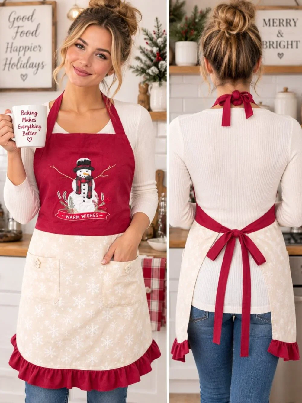 Christmas Snowman Apron Red Cream Snowflake Cotton Ruffle One Size